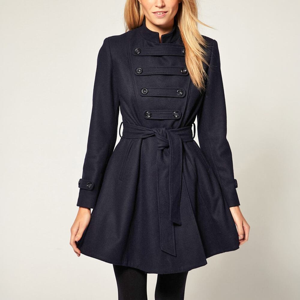 ASOS Petite Black Military Belted Fit Flare Coat Size 2